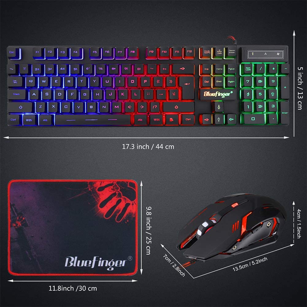 BlueFinger RGB Gaming Keyboard and Backlit Mouse Combo, USB Wired