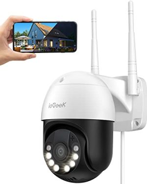 Security Camera Outdoor with Spotlights - ieGeek 1080P Color Night Vision Wired Surveillance Camera, Wireless WiFi Plug-in Smart Home Cameras 360°PTZ with PIR/Siren/24/7 Recording/Works with Alexa